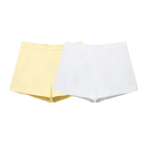 Women’s Casual High Waist Woven Polyester Mini Shorts Breathable Colored Button Zipper Fly Hot European American Style Logo
