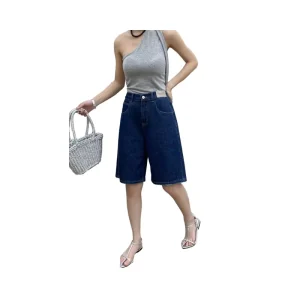 Women’s Casual High-Waisted Straight Denim Shorts Loose Fit Button Medium Wash Simple Summer Large Quick Dry Polyester/Cotton