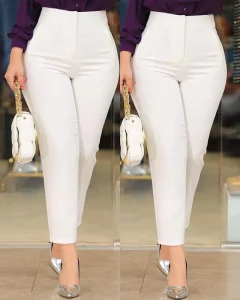 Women’s Casual High Waisted Wide Leg Pants Solid Color Mid Waist OL Ladies’ Fashion