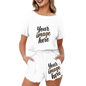 Women’s Casual Homewear Set Custom Printed Short Sleeve Top and Shorts Loose Plus Size Soft Stretch Waist Lounge Pajama Suit