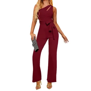 Women’s Casual Jumpsuit Solid Color One Piece Fitness Trousers with Single Cuff Hollow Out Ladies Jumpsuits