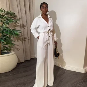 Women’s Casual Jumpsuit Spring New Style Solid Color Lapel Long Sleeved Waist Cinching Wide Leg Jumpsuit OEM