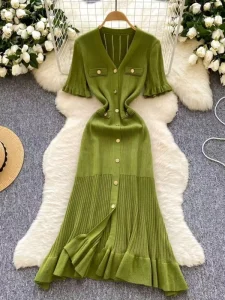 Women’s Casual Knit Cardigan Dress Slim Fit Single Breasted Ruffle Cuff Breathable Maxi V neck Bodycon Green