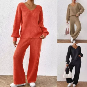 Women’s Casual Knit Sweater Set V Neck Loose Top Solid Wide Leg Pants Customizable Factory Direct