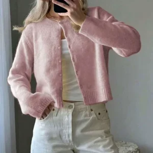 Women’s Casual Knitted Cardigan 100% Cotton Long Sleeved Winter Jacket Solid Color Loose Regular Length Anti Pilling Button
