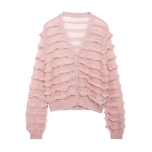 Women’s Casual Knitted Cardigan Sweater Jacket Autumn and Winter Long-Sleeved V-Neck Lazy Loose Design with Front Logo