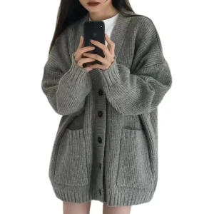 Women’s Casual Knitted Cardigan Winter Solid V Neck Long Sleeve Single Breasted Sweater Coat with Button Decoration