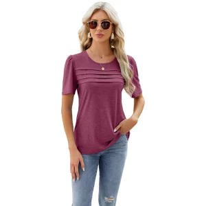Women’s Casual Knitted Fabric Short Sleeve T-Shirt O-Neck Style with Anti-Shrink Beaded Chest Splice Breathable and Comfortable