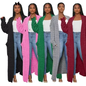 Women’s Casual Knitted V Neck Full Sleeve Breathable 100% Polyester Cardigan Plus Size Autumn Spring Season Sweater with Pockets