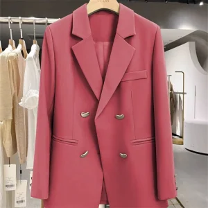 Women’s Casual Korean Spring and Autumn Double Breasted Blazer with Metal Heart Shape Buttons Woven Solid