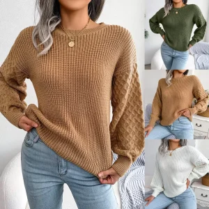 Women’s Casual Lantern Sleeve Knit Sweater for Autumn Featuring Front Logo