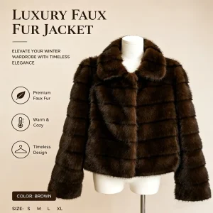 Women’s Casual Lapel Collar Premium Faux Fur Jacket Horizontal Striped Cropped Oversized Warm Cozy Winter Outerwear