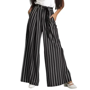 Women’s Casual Lightweight Trousers High Waist White Black Striped Wide Leg Trousers