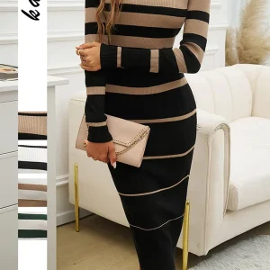 Women’s Casual Long Bodycon Dress Winter Knitted Sweater Dress Crew Neck Crocheted Floor-Length Sexy Striped Knitted Dress