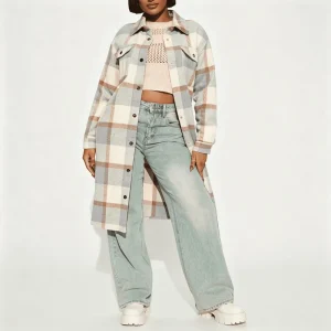 Women’s Casual Long Plaid Woolen Shacket Button Front Shirt Jacket Oversized Flannel Fall Winter Coat Outerwear Plus Size Warm
