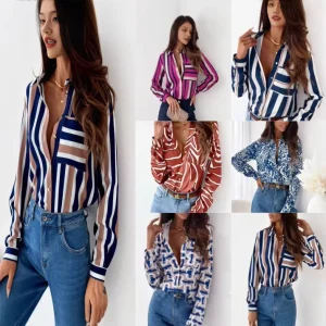Women’s Casual Long Sleeve Floral & Striped Print Shirt Tops with Button Lapel Western Fashion Style Solid Pattern