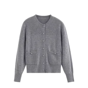 Women’s Casual Long-Sleeve Knit Cardigan 100% Wool Round Neck Knitted Jacket Sweater with Pockets Flower Button