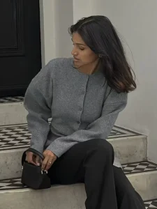 Women’s Casual Long Sleeve Knitted Breathable Long Cardigan with Crew Neck Lightweight Sweater Top Front Logo