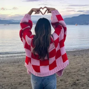 Women’s Casual Long Sleeve Open Front V Neck Cardigan Loose Chunky Knit with Checkerboard Design for Winter