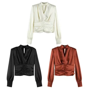 Women’s Casual Long Sleeve Shirt with Stand Collar Breathable Woven Design Logo on Front