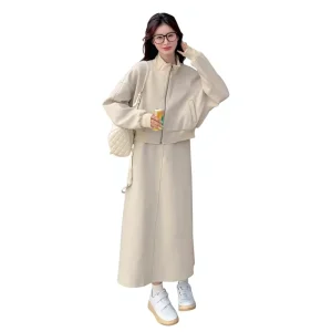 Women’s Casual Long Sleeve Solid Polyester Sweatshirt Set Autumn Two Piece Above Knee Skirt
