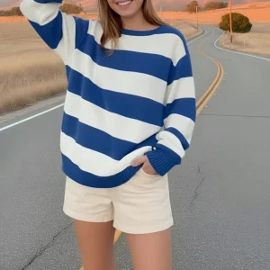 Women’s Casual Long Sleeve Striped Pullover Sweater for Streetwear Daily Outfit Loose Knitted Tops