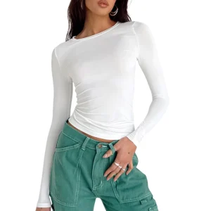 Women’s Casual Long-Sleeved Solid-Color Fitted Pullover T-Shirt Summer Street Wear Base Layer Top for Spring and Autumn
