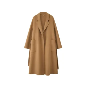 Women’s Casual Long Style Winter Coat Breathable Woolen Belt Closure Dyed Fabric Nonwoven Weaving Method
