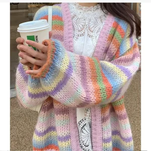 Women’s Casual Loose Color Block Autumn Cardigan Rainbow Striped Knit Sweater Coat V neck Anti Pilling Breathable Polyester