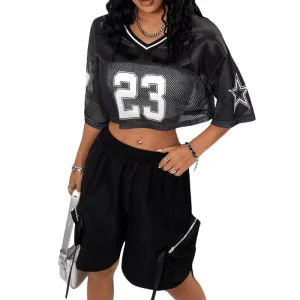 Women’s Casual Loose Fit Breathable Quick Dry V-Neck Crop Top Fishnet Short Sleeve Digital 100% Polyester Jersey T-Shirt