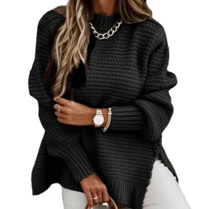 Women’s Casual Loose Knitted Pullover Sweater Autumn and Winter Long Sleeve Solid Color Woven
