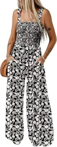 Women’s Casual Loose Overalls Jumpsuits One Piece Sleeveless Printed Wide Leg Long Pant Rompers With Pockets