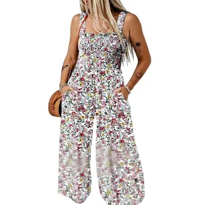 Women’s Casual Loose Overalls Jumpsuits Sleeveless Floral Printed Wide Leg Full Length Rompers Pockets 100% Viscose