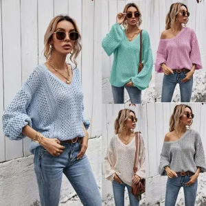 Women’s Casual Loose Pullover Knitted Sweater Plus Size Autumn Solid Pattern