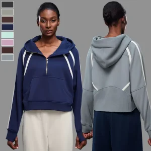Women’s Casual Loose Sports Half Zip Hooded Fleece Sweatshirt Color Blocking Sweater Jacket Warm Fitness Sweatshirt