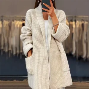 Women’s Casual Loose V Neck Knitted Cardigan Breathable Autumn Winter Long Thickened Pure Color Jacket