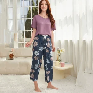 Women’s Casual Loungewear Set Solid Color Top and Floral Print Bottoms Two Piece Pajama Set