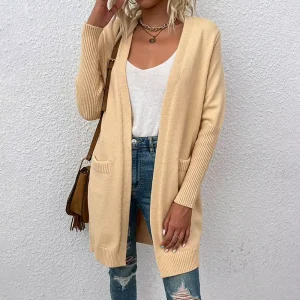 Women’s Casual Mid Length V Neck Knitted Cardigan Solid Color Sweater With Pockets for Autumn Winter