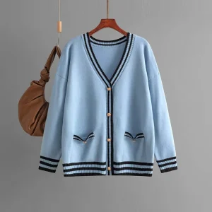 Women’s Casual Mid-Length Winter Sweater V Neck Knitted Cardigan Jacket with Patchwork Design and Button Contrast Colors Front