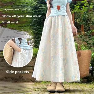 Women’s Casual Nylon Floral Puffy Bud Skirt Spring Summer High Waist Slimming A-Line French Style