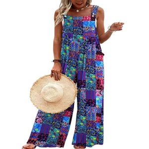Women’s Casual Overalls Loose Wide Leg Above Knee Jumpsuits Summer Boho Floral Printed Rompers with Pockets