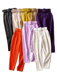 Women’s Casual Pants Slight Elasticity Slim Fit Waist Belt Solid Color Straight Leg Suit Cropped Pants