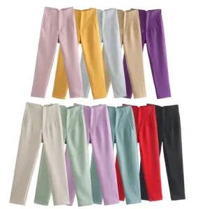 Women’s Casual Pants Slight Elasticity Slim Fit Waist Belt Solid Color Straight Leg Suit Cropped Pants