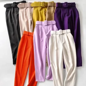 Women’s Casual Pants Slight Elasticity Slim Fit and Slimming Waist With Belt Solid Color Straight Leg Cropped Pants