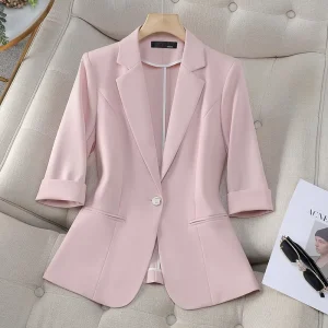 Women’s Casual Pink Suit Jacket With Cropped Sleeves Fashionable Tempered Small Blazers for Summer