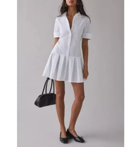 Women’s Casual Pleated Skirt Cotton Office Mini Dress Customize Logo Comfortable Short Sleeve Shirt Dress Uniform
