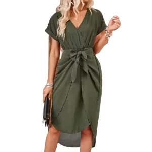 Women’s Casual Plus Size Solid Color Short Sleeve Loose Skirt Flowy Ruffle Hem Dress for Summer