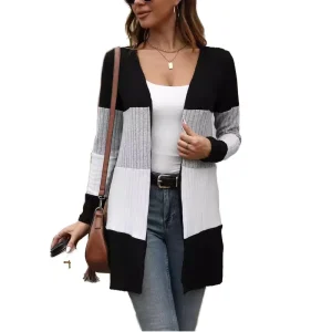 Women’s Casual Print Slim Cardigan Sweater with Long Sleeves Autumn and Winter Color Matching No Button Style