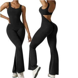 Women’s Casual Ribbed Bodycon Sports Jumpsuit High Waist One Piece Wide Leg Butt Lifting Leggings Romper