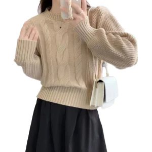 Women’s Casual Round Neck Long Pullover Sweater for Autumn Winter Solid Color with Twist and Lantern Sleeves Single Breasted